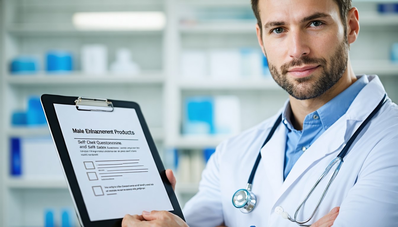 Man reviewing information about male enhancement products and completing a health self-check questionnaire on a digital tablet